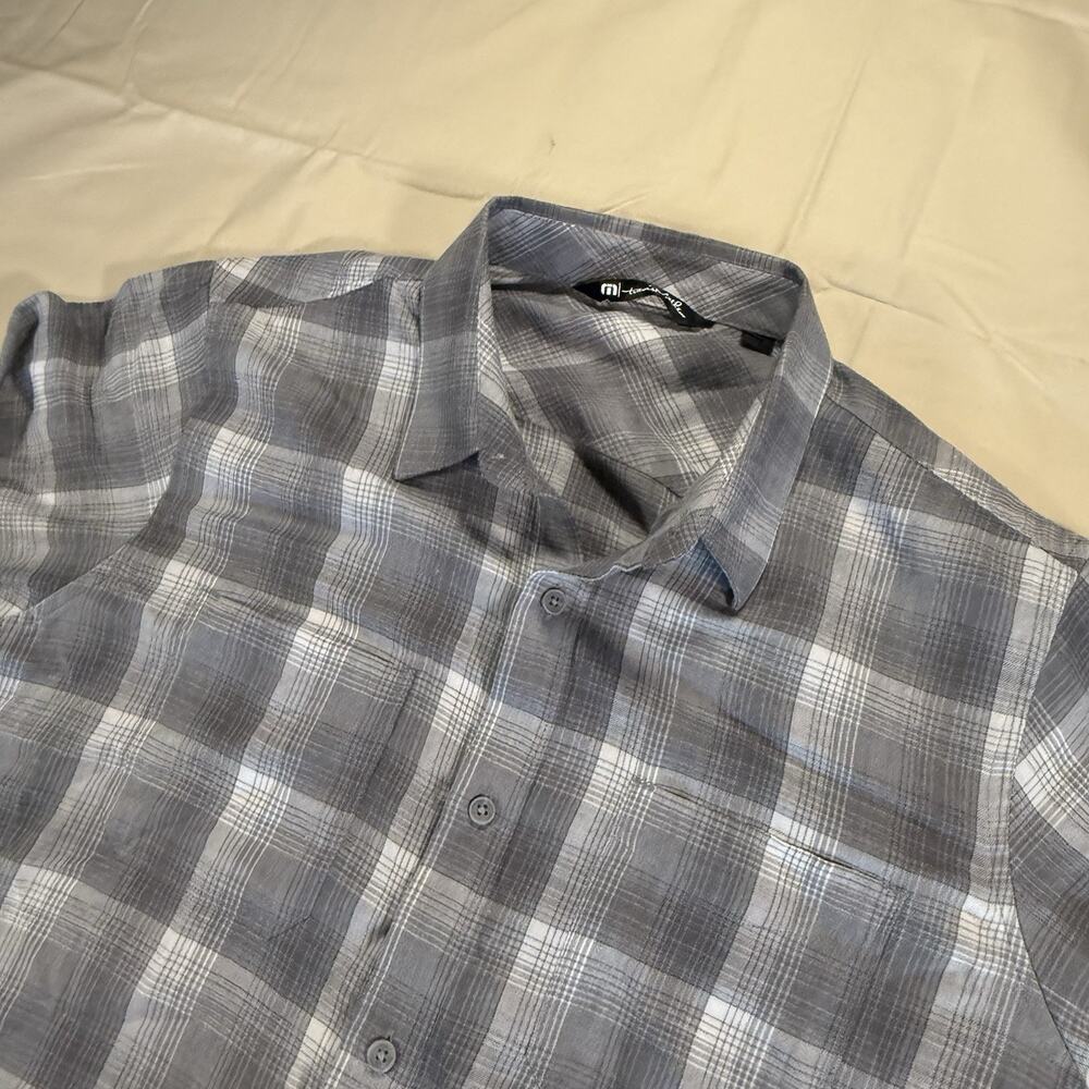 Travis Mathew Shirt Mens L Grey And Black Plaid Lightweight Long Sleeve Button